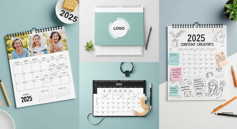 Calendario 2025 para Imprimir y Personalizar: La Guía Definitiva 2 Collage con ideas de calendarios 2025 personalizados: familiar, de empresa y de metas.